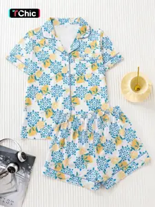 Women's Lemon Full-Print Pyjama Set, Nightwear, Pajamas, Lounge Pajamas, Sleep Sets, Premium Smooth Fabric, Loose Comfortable Lapel Button Short Sleeve Top and Shorts, All Seasons Home Wear, Homewear, Womenswear