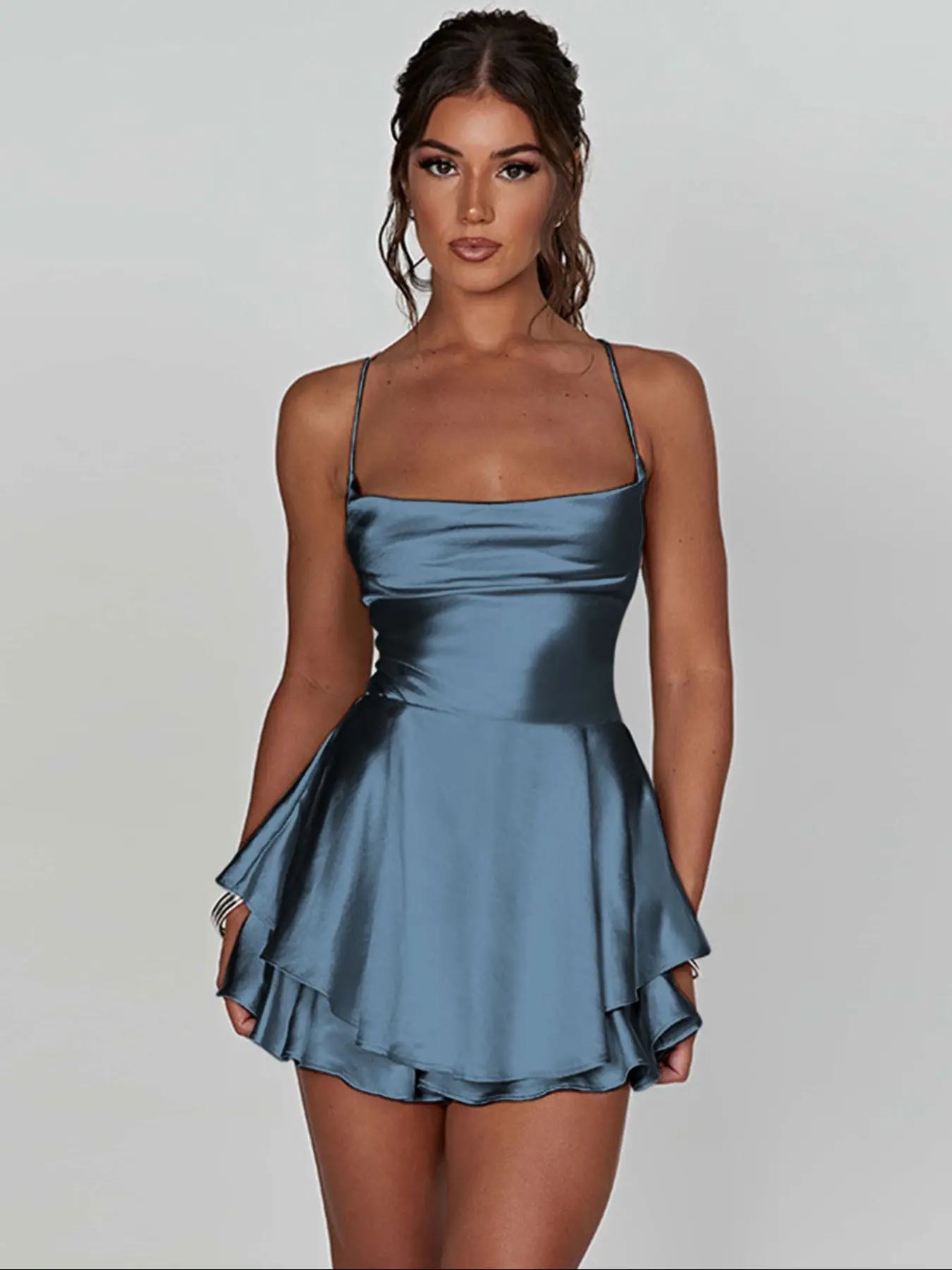 Women's Plain Lace Up Backless Tiered Layer Stretchy Satin Cami Dress, Summer Clothes Women, Womenswear, Elegant Women's Plain Lace Up Backless Tiered Layer Stretchy Satin Cami Dress, Summer Clothes Women, Womenswear, Elegant