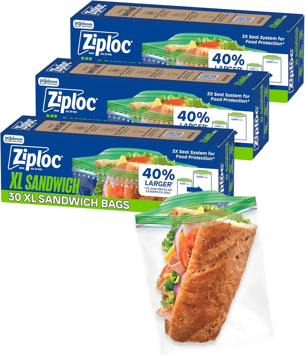 Ziploc XL Sandwich and Snack Bags 90 Total EasyGuide Texture Grip n Seal Technology 40% Larger for Food Protection