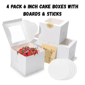 4 Pack 6 Inch Cake Boxes with Boards & Sticks, Mini Dessert & Bento Cake Boxes, Cupcake Packaging for Bakery, Birthday, Wedding, Party & Mother’s Day (6x6x5)