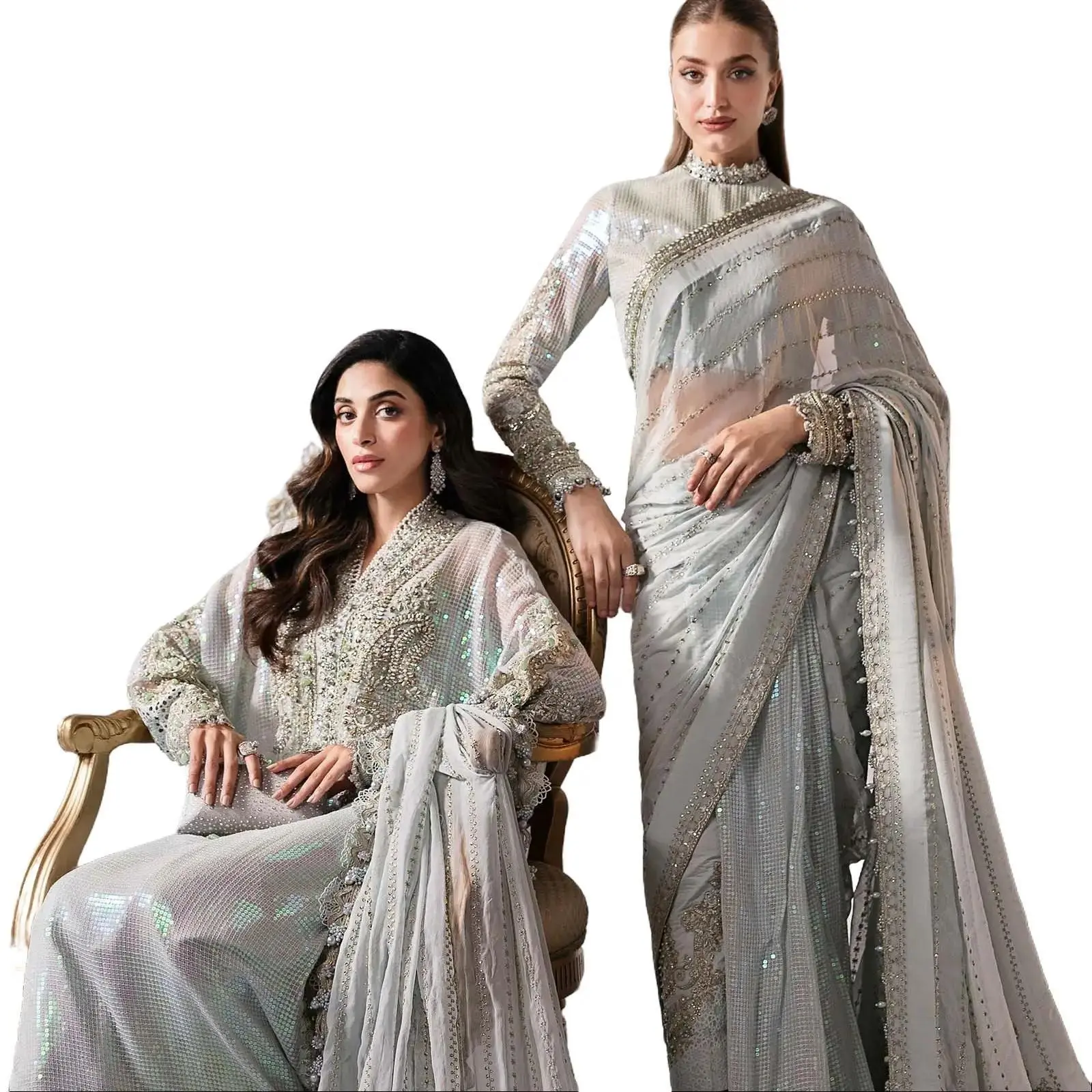Custom Stitch Pakistan Indian Saree Heavy Embroidered Pure Chiffon Wedding Wear Formal Event Part Wear Dry Clean Elegant Lightweight Design