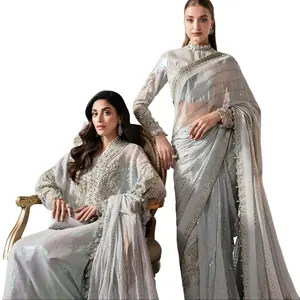 Custom Stitch Pakistan Indian Saree Heavy Embroidered Pure Chiffon Wedding Wear Formal Event Part Wear Dry Clean Elegant Lightweight Design