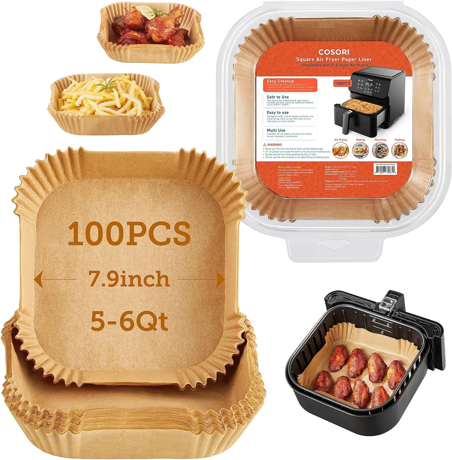 COSORI Air Fryer Liners, 100 PCS Disposable, 6.5" Square, Non-Stick, Unbleached,Heat Resistant to 465°F,Easy Cleanup,Thick & Durable,Bakeware Utensils