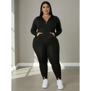 Plus-size solid-color zip-up hooded top and leggings set; casual, lightweight long-sleeve hooded jacket and women’s pants for spring and autumn; women’s Christmas and New Year two-piece matching outfit GARMENTARY