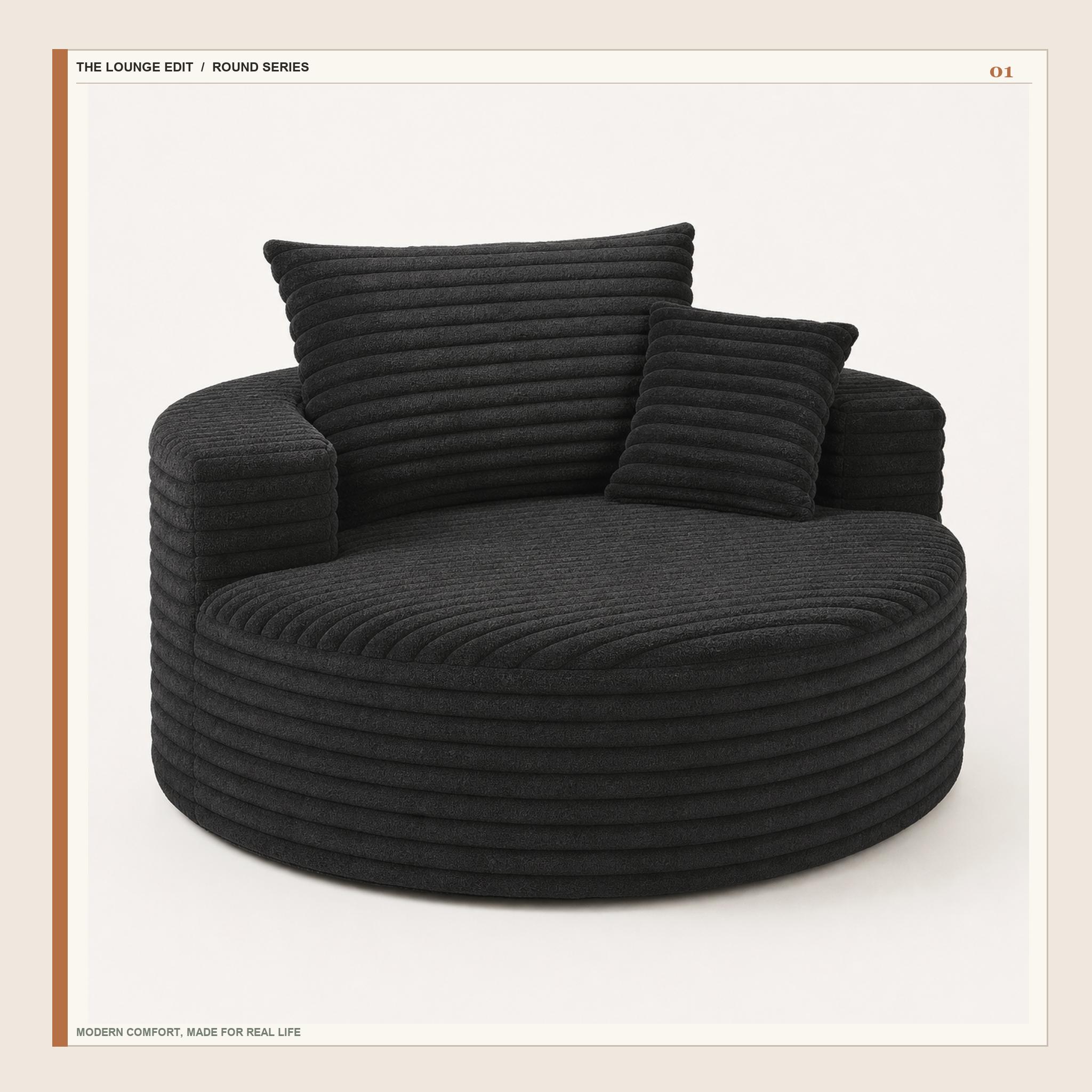50in Round Lounge Chair Sofa, No-Assembly Compressed Cloud Floor Couch with Deep Seat, Soft corduroy, Backrest & Throw Pillows for Adults, Bedroom and Apartment