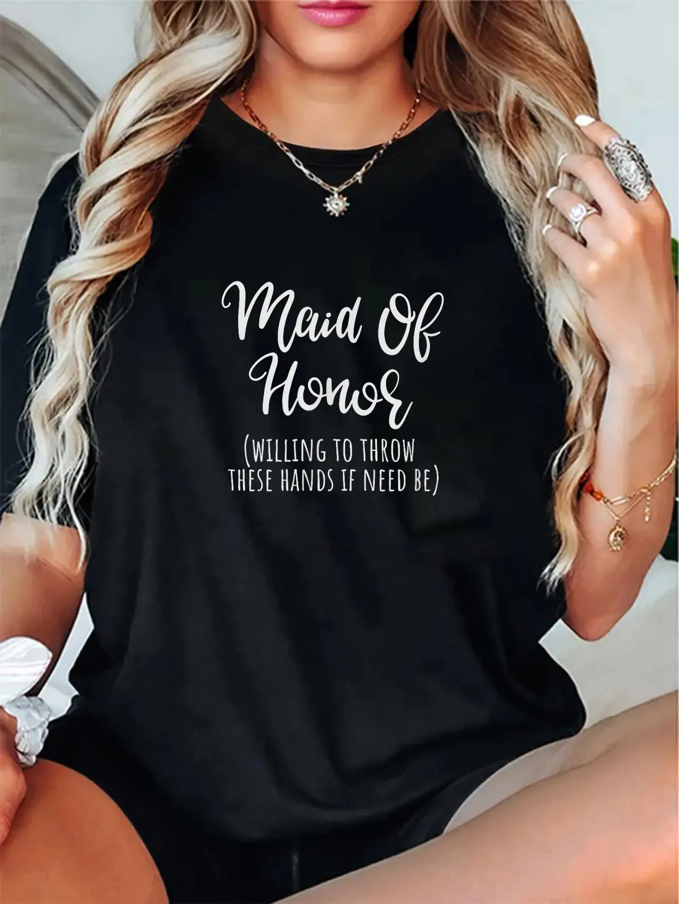 Funny Maid of Honor Graphic T-Shirt for Women, Casual 100% Cotton Shortsleeve Top for Everyday Wear or Bachelorette Gifts, Tops, Vintage, Round Neck