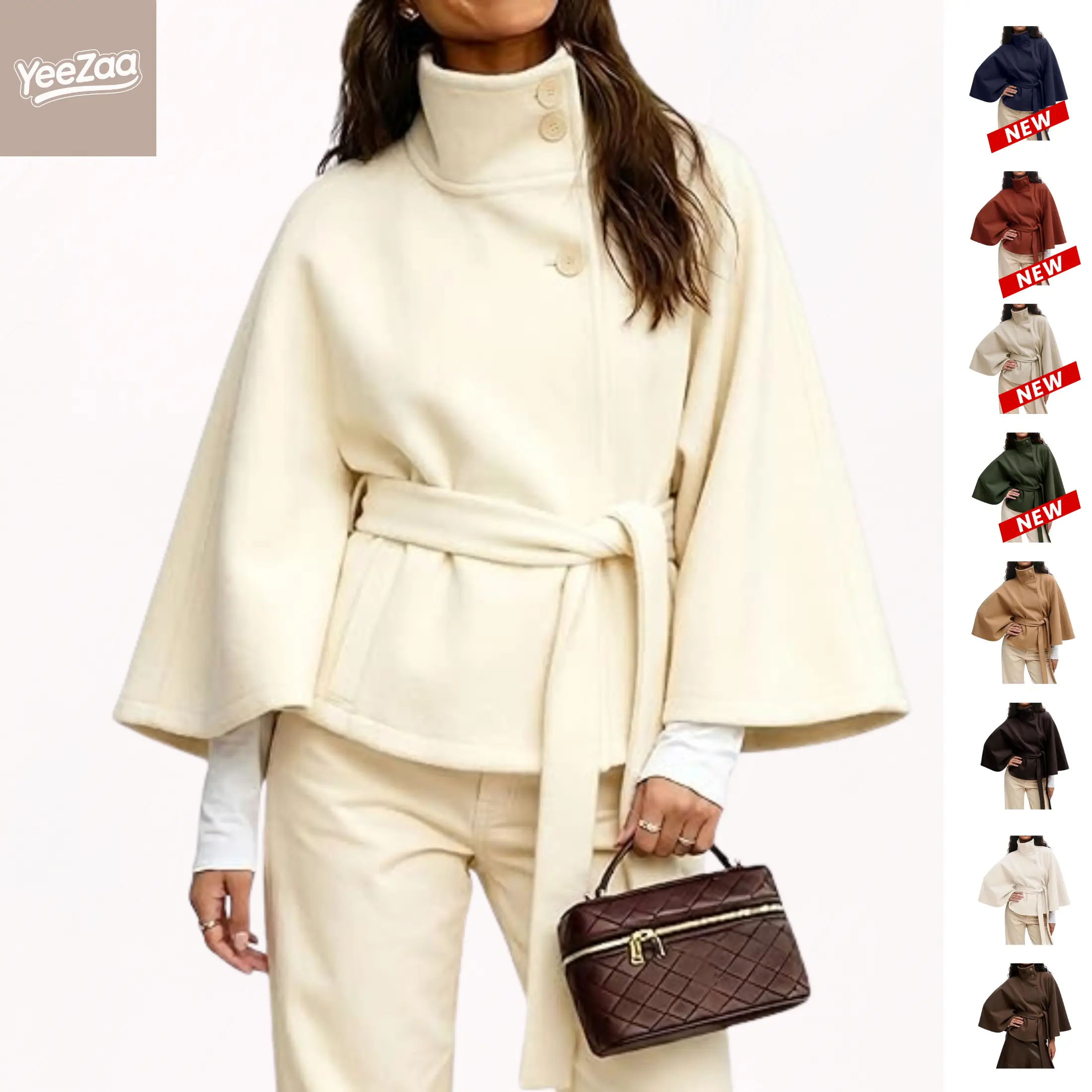 YeeZaa Poncho Pea Coat for Women Wool Blend Oversized Belted 2026 Fashion Fall Winter Elegant Stand Collar Cropped Cape Jacket Batwing Sleeve Trendy Casual  Outerwear Overcoat