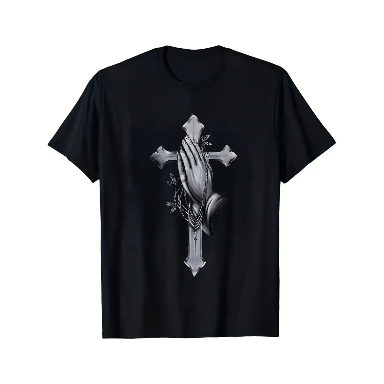 black crew neck mens sports cross and prayer hand pattern 95 spandex micro stretch fabric short sleeves suitable for gym Cotton T shirt