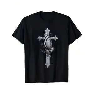black crew neck mens sports cross and prayer hand pattern 95 spandex micro stretch fabric short sleeves suitable for gym Cotton T shirt