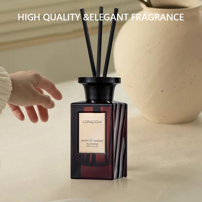 ENCHANTED Woody Reed Diffuser Set 5 oz (150ml) Oriental Woody Scented Diffuser with Sticks Home Fragrance for Bathroom Shelf Decor by lonkoom Aroma Floral Gift Oil Freshener Flower