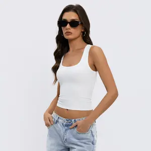 Women's Chic Short Minimalist Ribbed Knit Scoop Neck Sleeveless Crop Tank Top, Seamless Feel Vest, 2026 Spring Fashion Basic, Versatile Capsule Wardrobe Staple for Beach /W8,summervibes