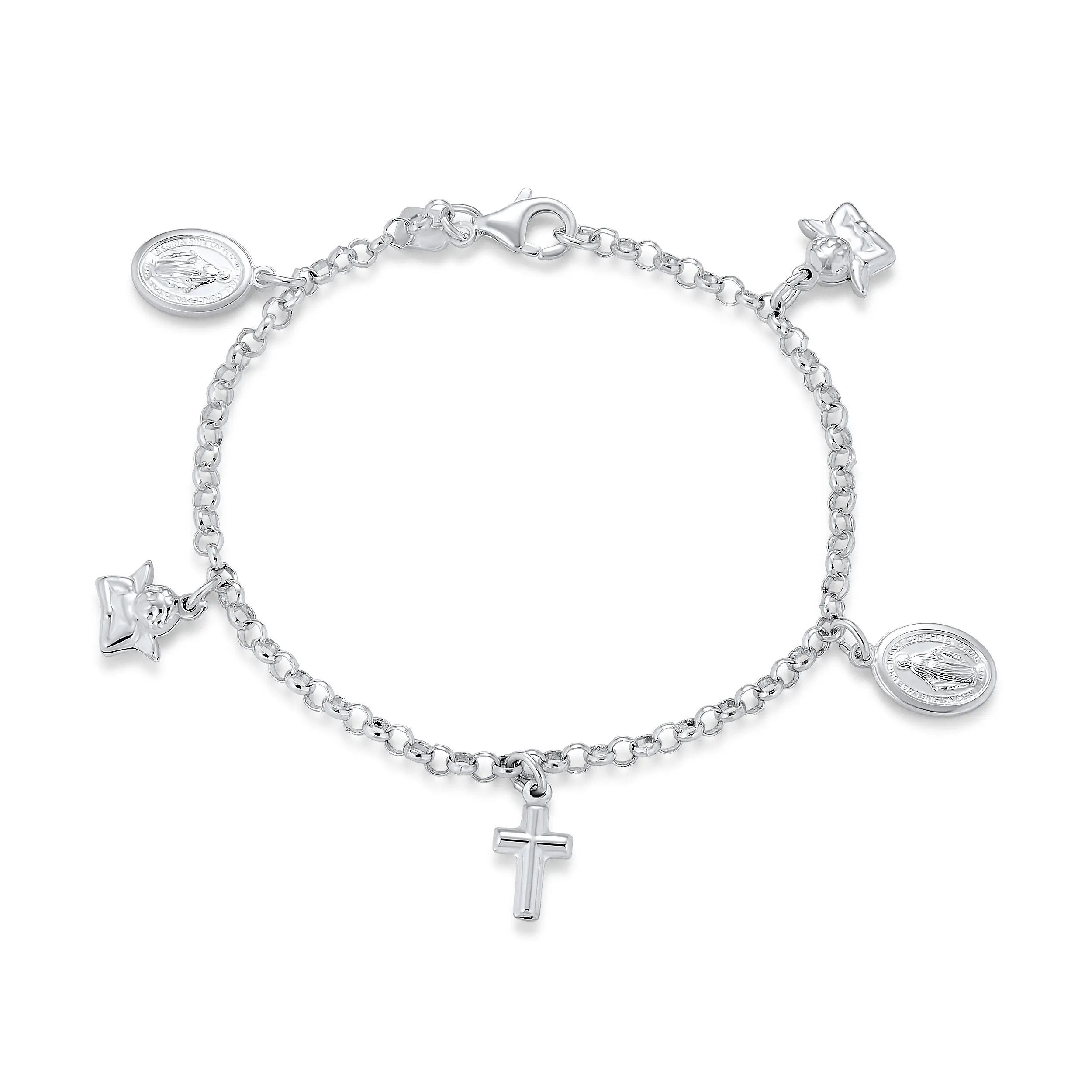 Religious Multi Charm Cross, Virgin Mary, Angel Cherub Anklet Charm Ankle Bracelet Sterling Silver