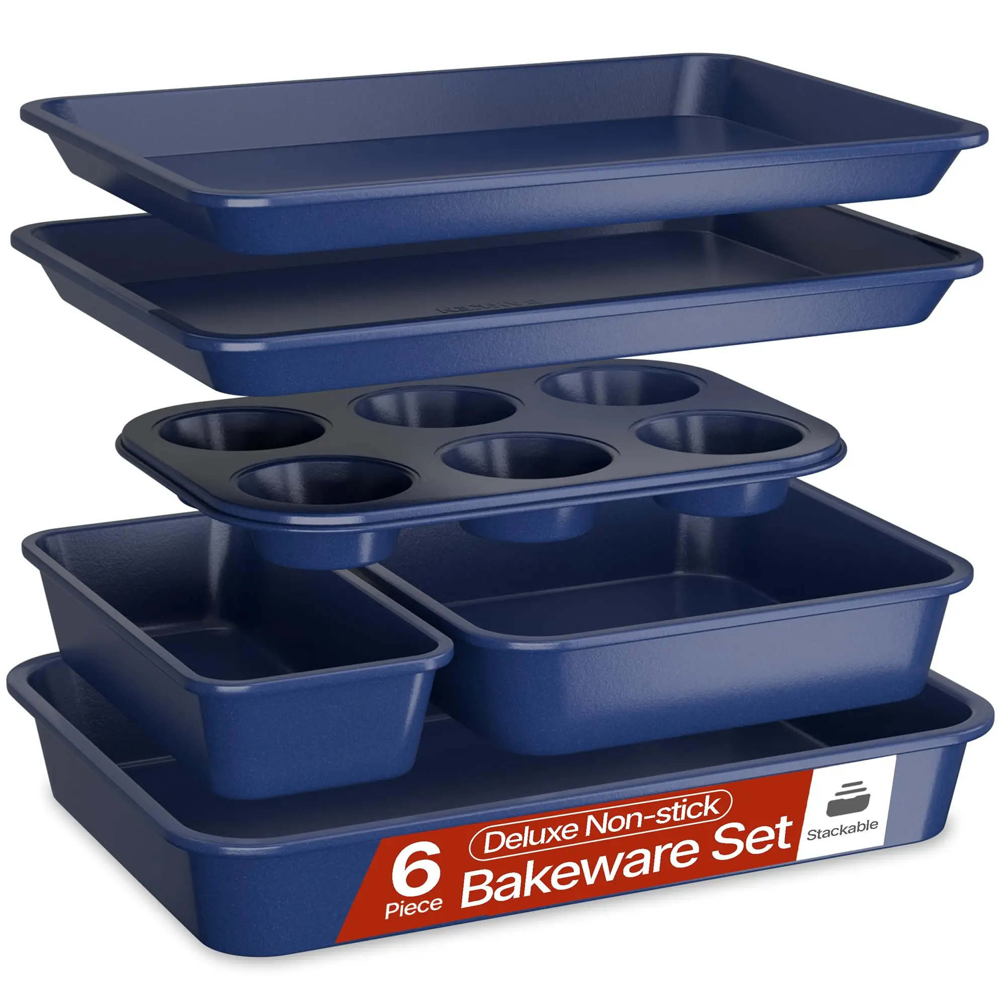BAKKEN Nonstick Carbon Steel Bakeware Set - 6 Piece Kitchen Baking Trays, Non Toxic Stackable Oven Pans Bundle with Cookie Sheets, 6 Cup Muffin, Roaster, Square Cake, and Loaf Pan for Bread Blue