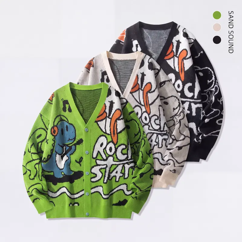 SAND SOUND Women's Oversized V-Neck Long-Sleeve Button-Up Graphic Knit Cardigan Sweater, Soft Polyester Jacquard Fabric, Baggy Loose Fit, Rock Star & Cartoon Prints, Streetwear-Casual Style, Everyday, Halloween Wear