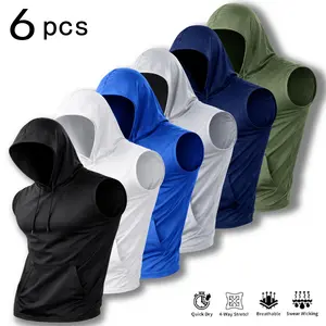 6-Pack men's sleeveless quick-drying ice-feeling hooded vest T-shirt, suitable for sports running and other scenes, large pocket design