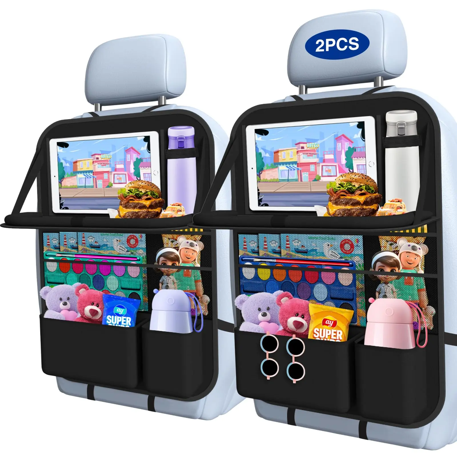 Heavy Duty Car Backseat Organizer with Table Tray – 9 Pockets, Tablet Holder & Kick Mats, 600D Waterproof Oxford, Tear-Resistant, Perfect for Family Travel