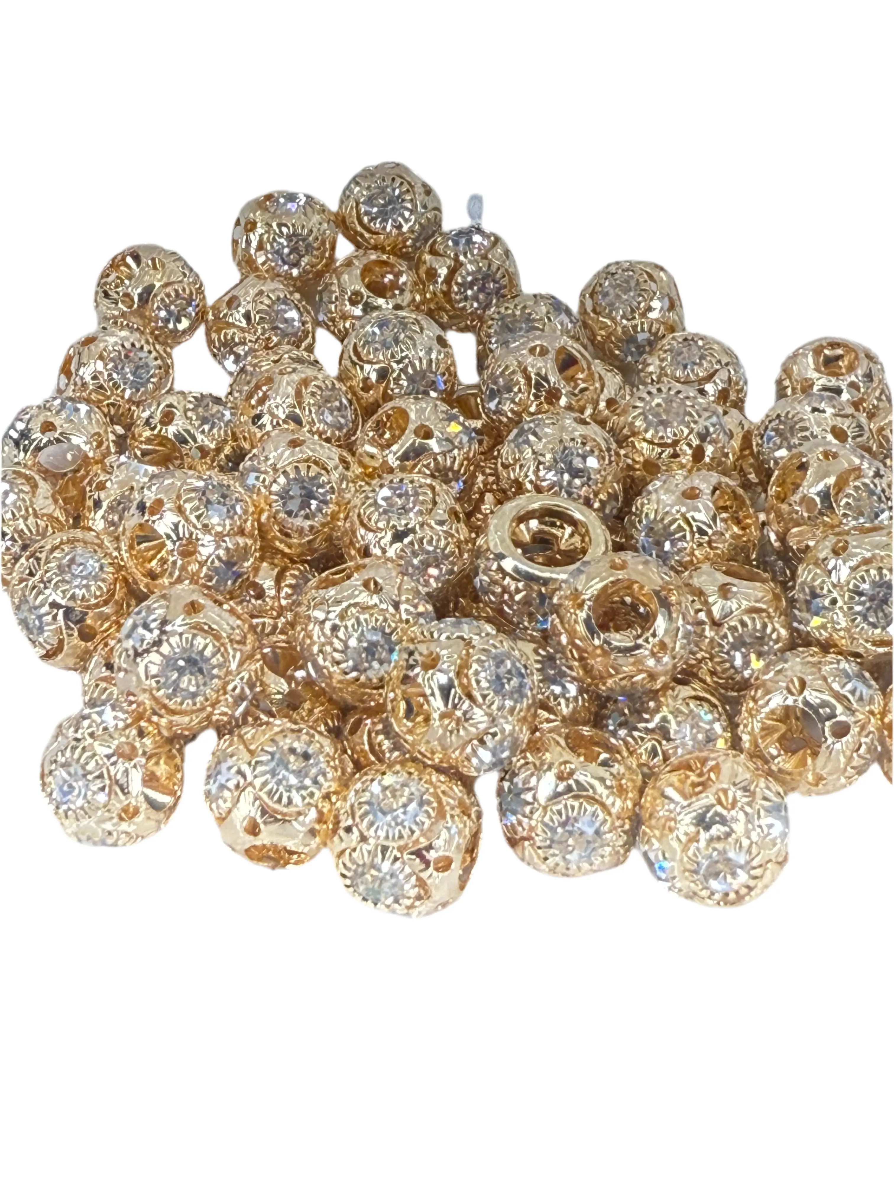 R86-(10PCS) 10mm High-Quality Gold Round W/Rhinestone Alloy Spacer/Wheel Beads for DIY