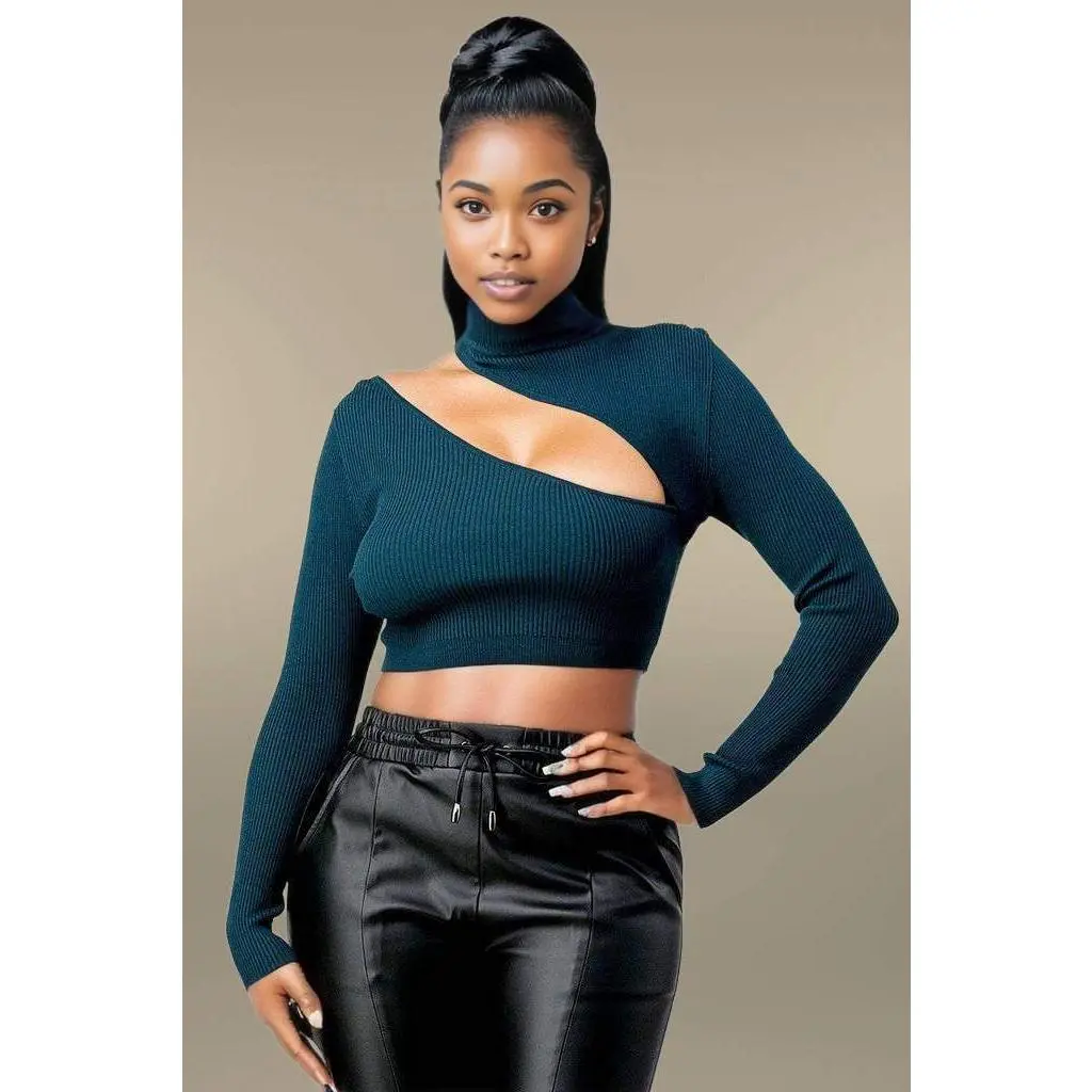 Lux Sweater Rib Cutout Mock Neck Crop Top