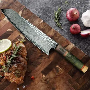 One high end Damascus steel chefs knife with excellent appearance It is a Japanese style kitchen knife with a sharp blade by hand featuring high hardness It is a professional knife suitable for daily tasks such as cutting meat vegetables and fruits