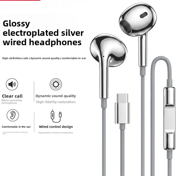 Electroplated Silver Glossy Wired Headphones, Wired Earbuds with Microphone, HiFi Stereo In-Ear Headphones, 3.5mm AUX, USB-C & Lightning Options, Noise Isolating Earphones for iPhone, Android, Tablet & Laptop
