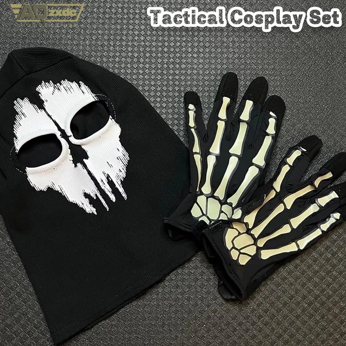 AQzxdc Ghost Skull Balaclava Mask & Luminous Skeleton Gloves Tactical Cosplay Set, Sports & Outdoor Face Cover Accessory for Halloween Props