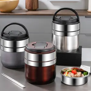 A set of 6 thermal insulated stainless steel lunch containers with a capacity of 40.58oz, perfect as Halloween gifts. Features include 304 food-grade leak-proof containers with compartments, vacuum-sealed, a foldable spoon, and detachable chopsticks. Hard