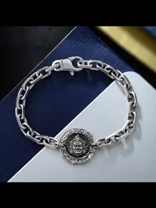 New God Wealth Hand Chain for Men, Interlocking Rings Vintage Style, Ethnic Pattern Casual Bracelet, All Seasons Copper Material