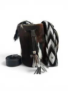 Artisan Bucket Bag in Genuine Cowhide Leather with Hair Double Strap Leather + Wayuu Woven Handmade