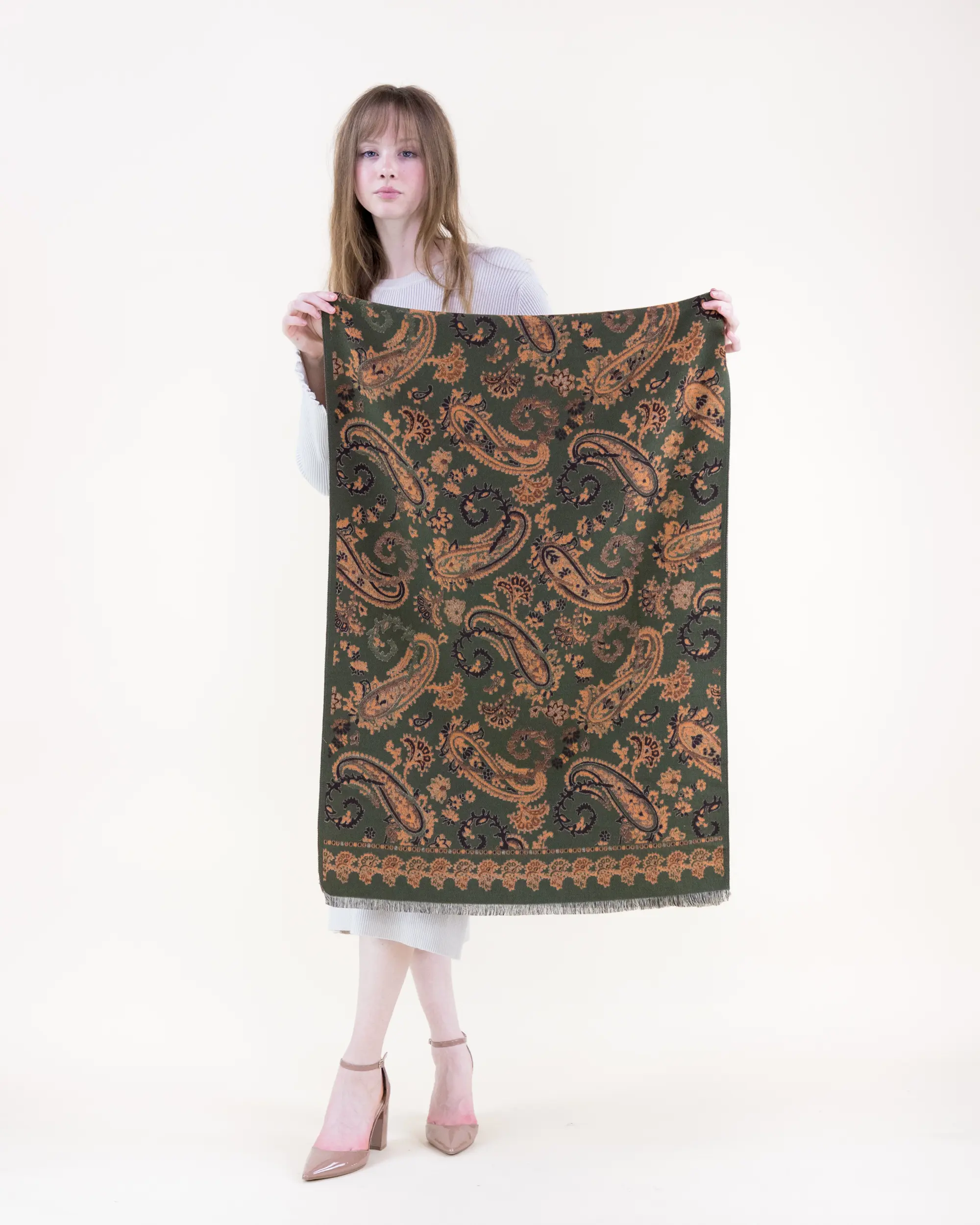 Paisley Print Scarf - Casual Soft Shawl, Fringe Trim Shawl with Intricate Floral Pattern, Border Detailing, and Fringe Finish