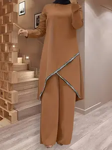 Women's Elegant Loose-Fitting Maxi Two-Piece Set, Abaya Set, Round Neck Long Sleeve Top & Solid Color Pants, Fashionable Ethnic Style