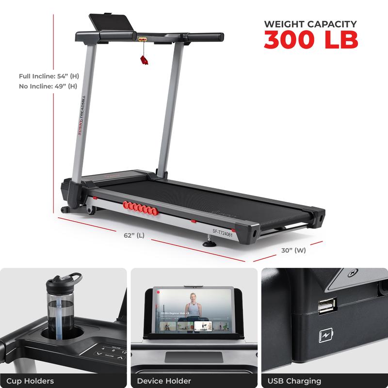 Sunny Health & Fitness Pace 500 Smart Auto Incline Treadmill with 18" Wide Running Surface 300 LBS Capacity 12 Incline Levels & Up to 10 MPH Speed