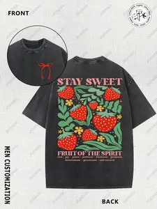 's Vintage Strawberry & Flower Print T-Shirt - 230g Heavyweight 100% Cotton Oversized Bow Tie Short Sleeve, Retro Strawberry Jam Design (Keep Sweet Sl