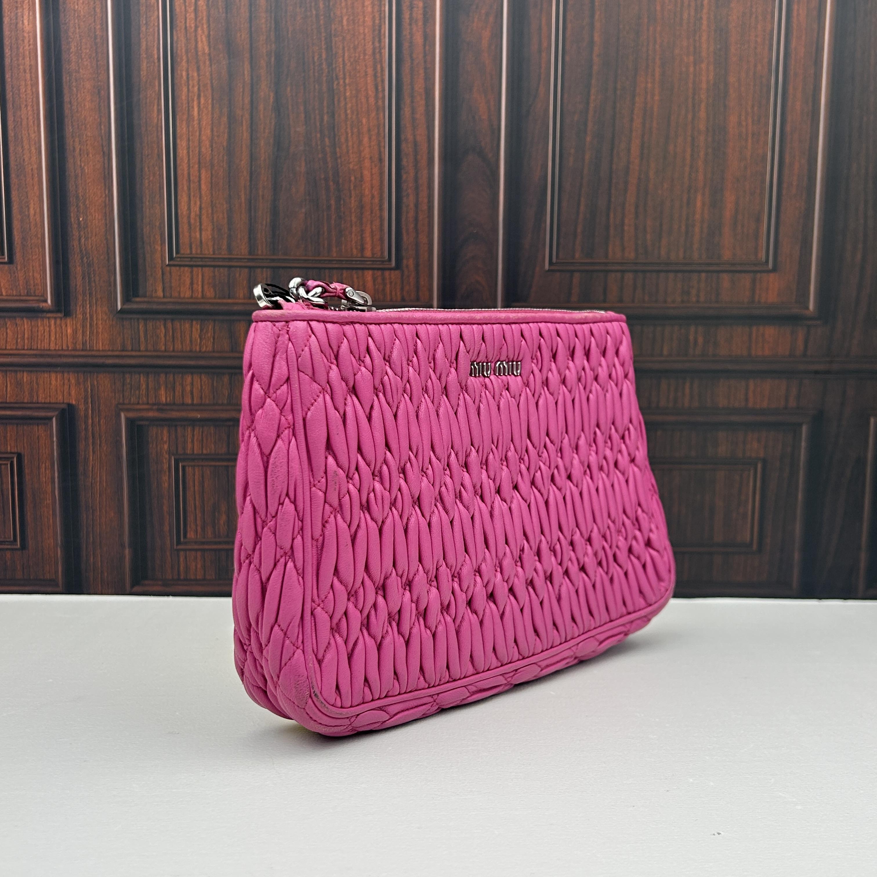 Pre-owned miu miu Matelasse Hot Pink Ruched Nappa Crystal Chain Under‑Arm Shoulder Bag 888