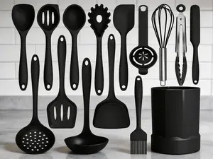 Heat-resistant silicone utensil set, safe for nonstick cookware, dishwasher washable and BPA-free.