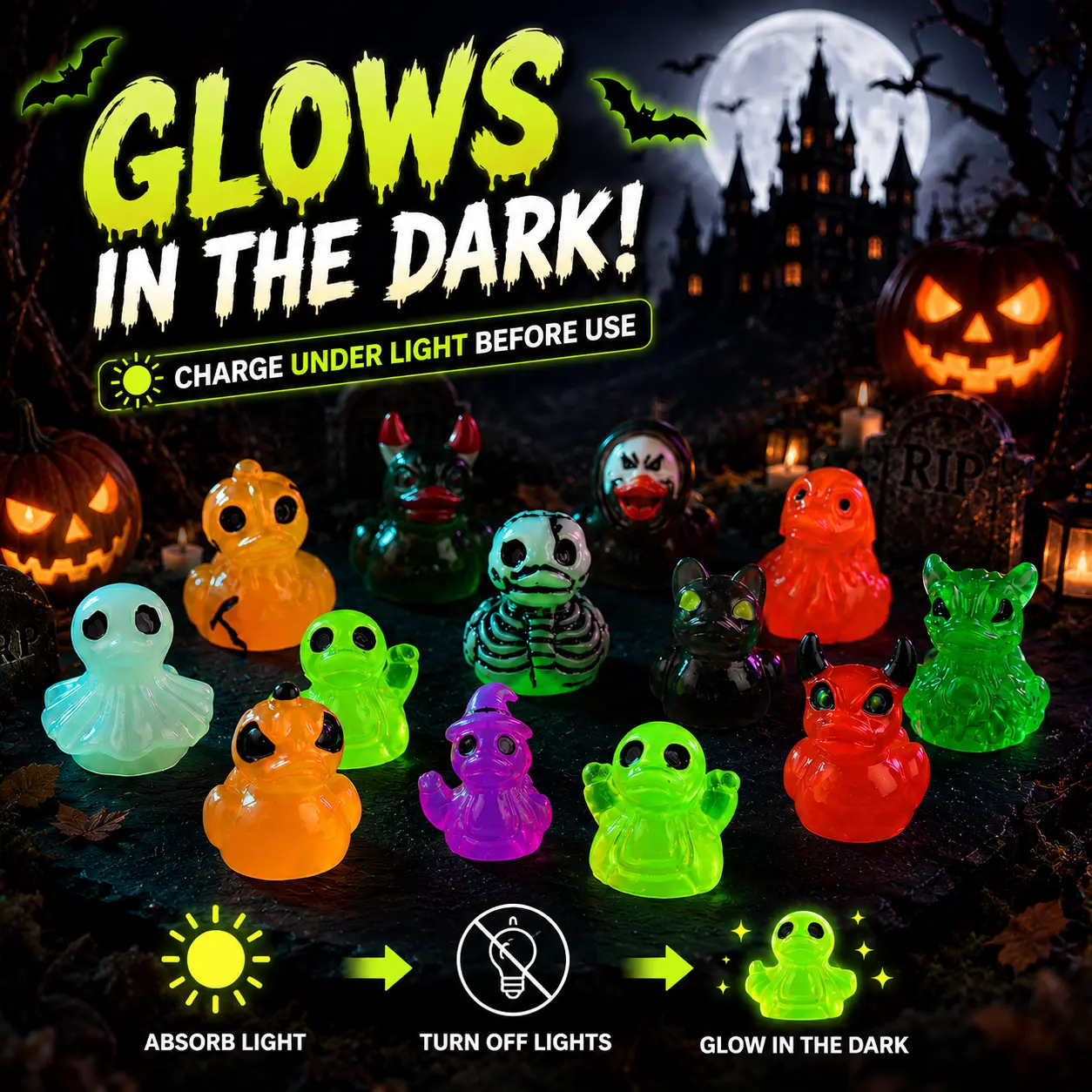 Glow-in-the-Dark Mini Halloween Resin Duck Figurines - Devil, Ghost & Skull Designs, Light-Up Magical Home Decoration, Festive Party Gift