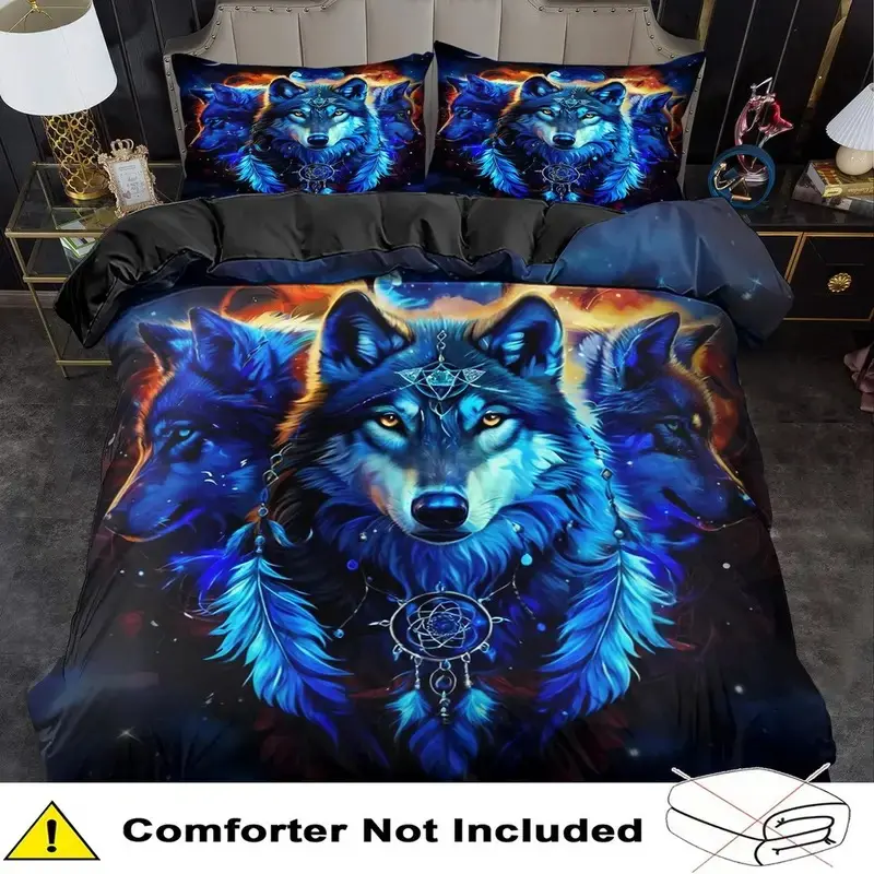 3 Piece Blue Gothic Wolf Print Duvet Cover Set, Decorative Duvet Cover, Fashion Bedroom Decor, Soft Comfortable Bedding Set, Cozy Home Essentials, Bed Sets Supplies