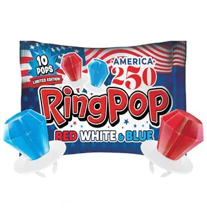 Ring Pop Red White & Blue Lollipops – Bulk Candy Individually Wrapped Wearable Hard Candy Rings – Cherry & Blue Raspberry Flavored Lollipop, Hard Sweets for Party Favors, Kids & Goodie Bags – 10 Count