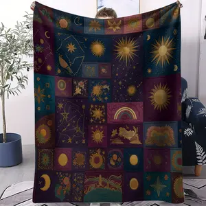 Multi-style Art Patchwork Flannel Blanket：Features Vintage Geometry, Forest Cabins, Ethnic Totems, Starry Flowers. Soft, Warm & Skin-friendly, Perfect for Sofa Snuggles, Bedroom Use, Camping, Artistic Decor. Flannel Throw Blankets