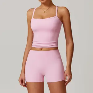 Women's Solid Backless Crop Cami Top & Shorts Fitness Sportswear Set, Sporty High Stretch Sleeveless Top & Skinny Shorts, Ladies Sportswear for Indoor Outdoor Wear, Summer Friday Set, Tracksuit for Women, Workout Set, Gym Wear, Clothing leisure activity