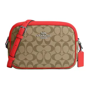 COACH Jamie 22 Classic Monogram Gold-Tone Hardware Zipper Coated Canvas and Smooth Leather Crossbody Bag for Women in Silver, Khaki, and Miami Red