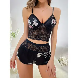 Black Floral Shorts Set Suspender Shorts Hollow Erotic Lingerie Polyester Hand Wash Nightgown Set