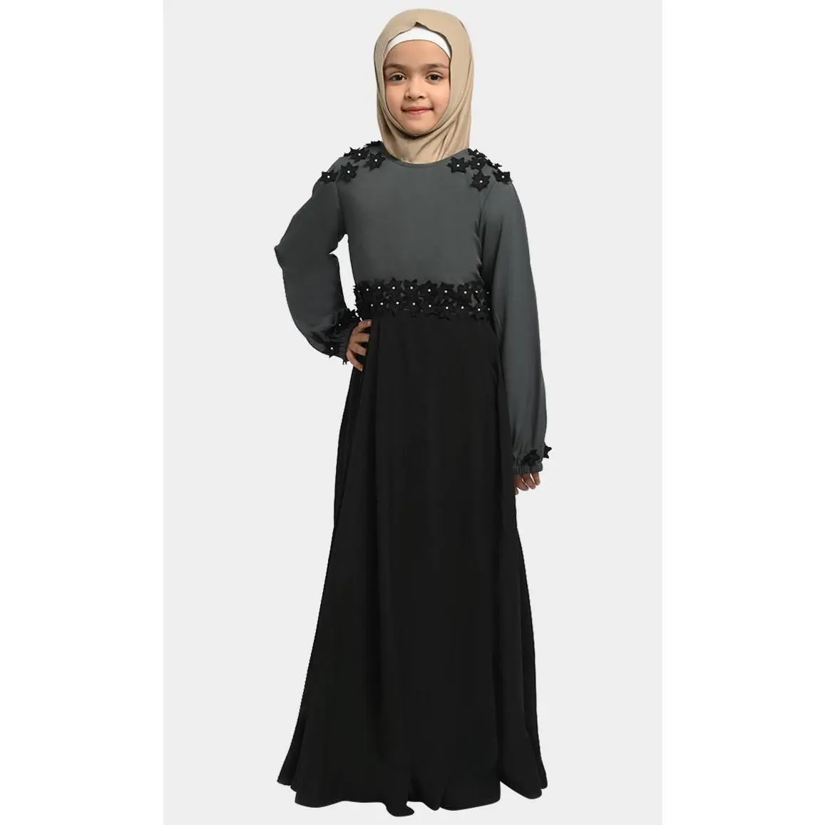 Little Girl Saaida Black & Grey Modest Abaya With Pockets
