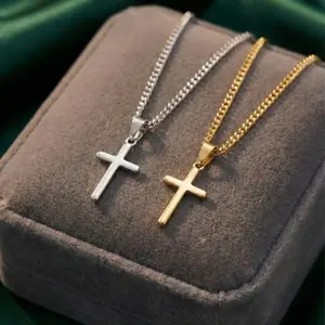 Premium Gold and Silver Plated Stainless Steel Mens 21in Cross Necklace Christianity Pendant Waterproof Casual Elegant Durable Design, Changeable Chain