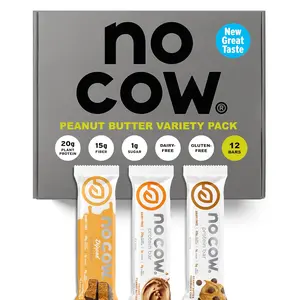 No Cow Protein Bars Upgraded Peanut Butter Variety Pack - 12 Count, 20g Plant Protein, 14g Fiber, 1g Sugar, Vegan, Dairy & Gluten Free, High Protein, High Fiber, Low Sugar