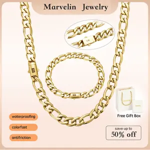 New 14K Gold-Plated Cuban Chain Figaro Necklace & Bracelet Set Features innovative waterproof and rust-resistant technology New “S” logo design blending Miami style with vintage charm 8mm thickness,available in 16 to 30 inchesThe Best Valentine's Day Gift