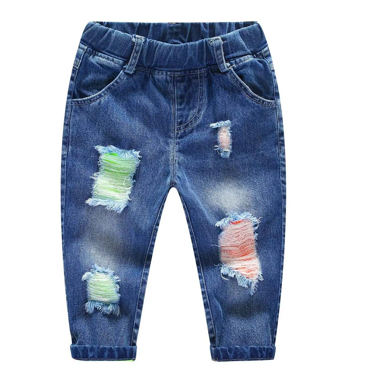Kidscool Space Girls Elastic Waist Jeans  Distressed Straight Leg Denim Pants for Kids 3-12Y
