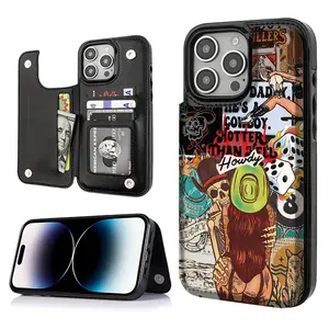 Trendy Cowgirl Cool collage Style Card Holder Wallet Aesthetic Black Casing For iphone 17 16 15 14 13 12 PRO PLUS MAX PU Leather Stylish Gift Shockproof Protection Anti-Drop Protective Protector Phone Case Shell Cover HH8008