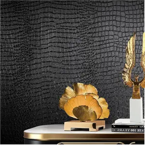 Black Peel and Stick Wallpaper, 15.7'' X 118'' Crocodile Wallpaper Embossed Easy off Self Adhesive Removable Contact Paper Textured for Cabinet Bedroom with Knife Tape Measure (0001)