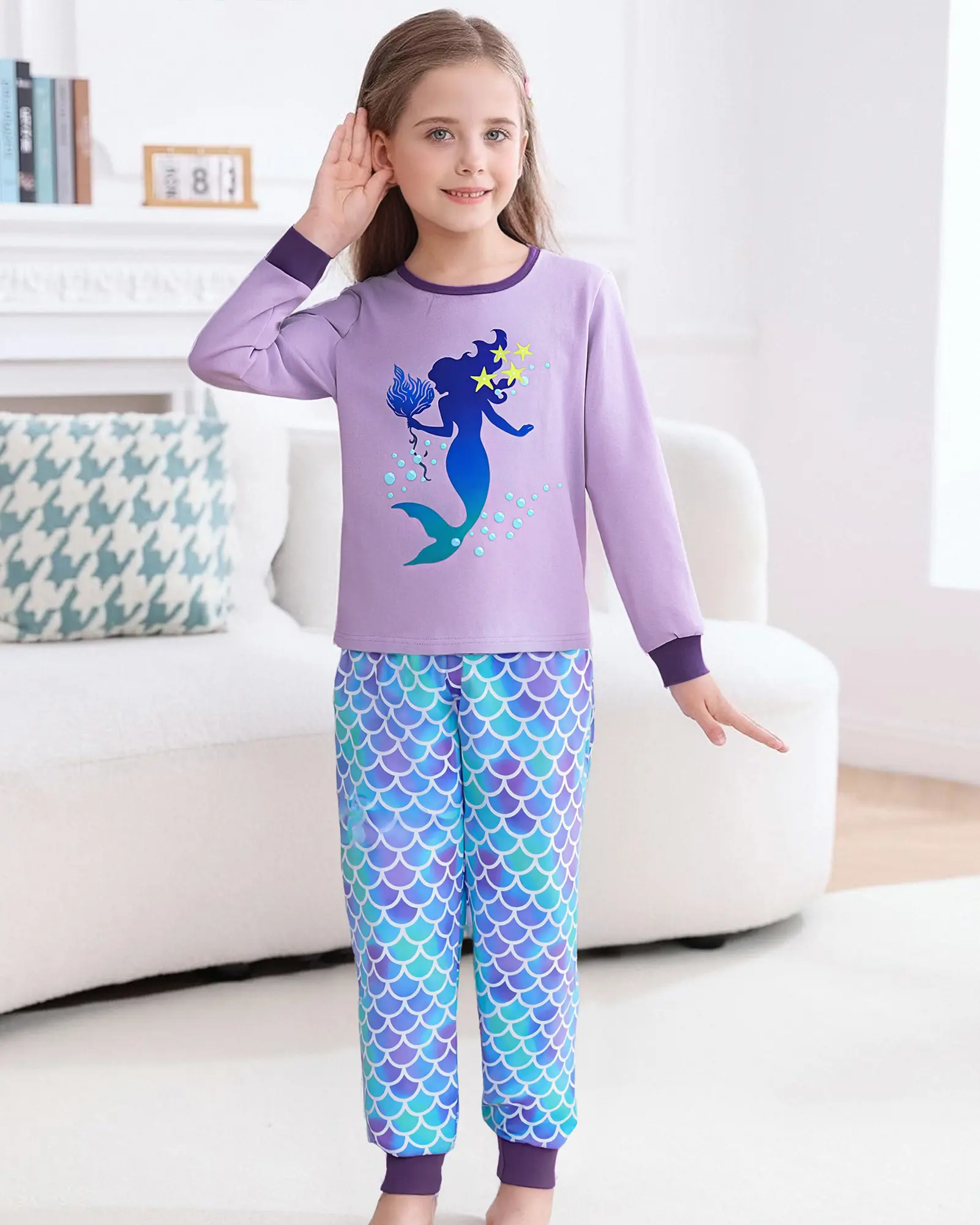 Girls' 2-Piece Pajama Set, Casual Comfy Long Sleeve Sleepwear with Cute Mermaid & Unicorn Prints, Soft Cotton Blend, Thoughtful Gift for Kids 4-12, Casual Comfy Pajama, Polyester, Knitting, Graphic, Elastane, Cute Graphic Prints, Casual Comfy Pyjama, Slig