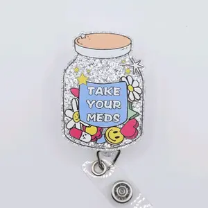 Take Your Meds Glitter Pill Bottle Acrylic Retractable Badge ID Reel Belt for Nurses, Pharmacists, and Med Techs - Perfect for Creative Use